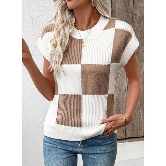 Short Sleeve Sweater for Women Crewneck Color Block Knit Tops 2026 Spring Trendy - Picture 2 of 5